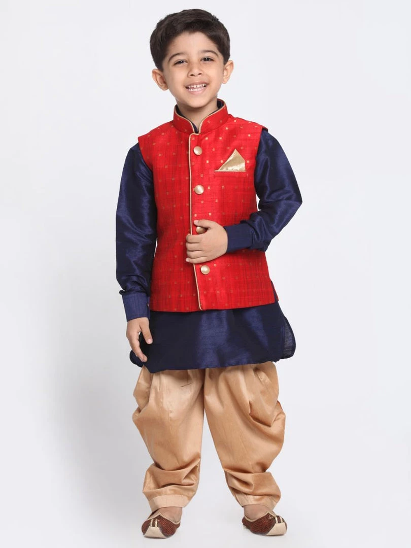 JBN Creation Boys' Maroon Silk Blend Ethnic Jacket, Navy Blue Kurta And Rose Gold Dhoti Pant Set 3 JBN Creation Boys' Maroon Silk Blend Ethnic Jacket, Navy Blue Kurta And Rose Gold Dhoti Pant Set