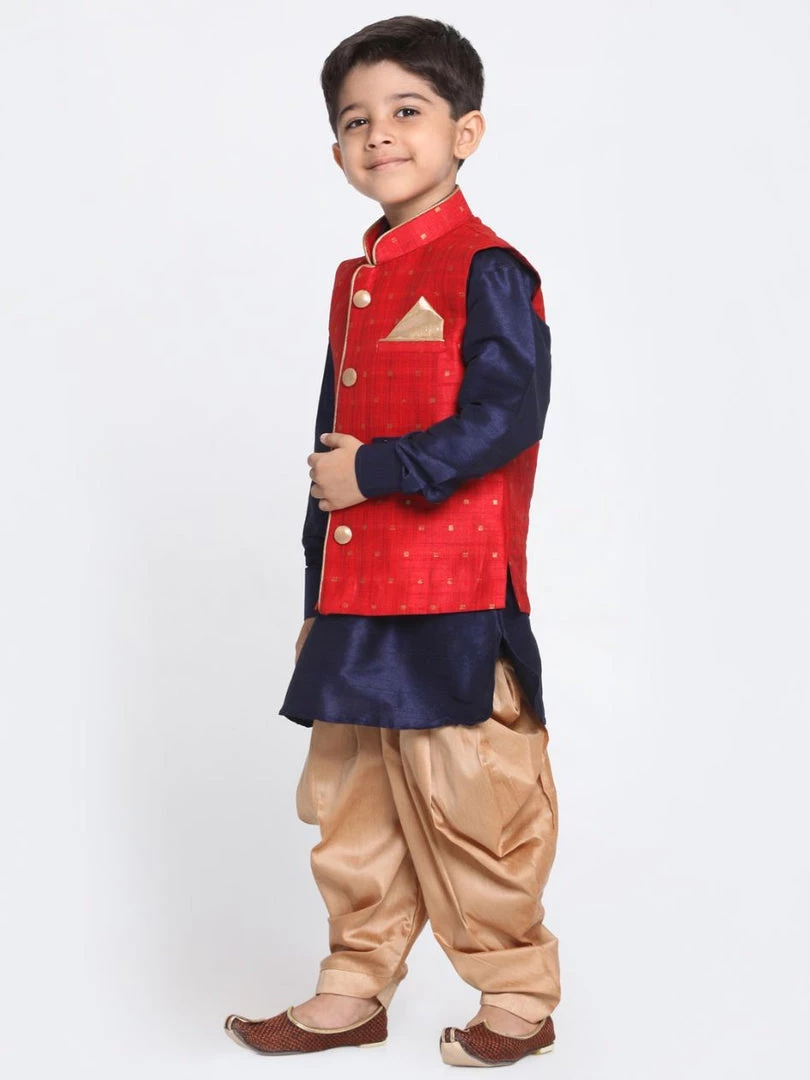 JBN Creation Boys' Maroon Silk Blend Ethnic Jacket, Navy Blue Kurta And Rose Gold Dhoti Pant Set 4 JBN Creation Boys' Maroon Silk Blend Ethnic Jacket, Navy Blue Kurta And Rose Gold Dhoti Pant Set