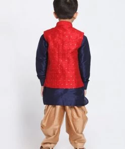 JBN Creation Boys' Maroon Silk Blend Ethnic Jacket, Navy Blue Kurta And Rose Gold Dhoti Pant Set 12 JBN Creation Boys' Maroon Silk Blend Ethnic Jacket, Navy Blue Kurta And Rose Gold Dhoti Pant Set