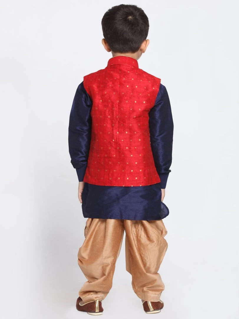JBN Creation Boys' Maroon Silk Blend Ethnic Jacket, Navy Blue Kurta And Rose Gold Dhoti Pant Set 6 JBN Creation Boys' Maroon Silk Blend Ethnic Jacket, Navy Blue Kurta And Rose Gold Dhoti Pant Set