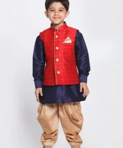 JBN Creation Boys' Maroon Silk Blend Ethnic Jacket, Navy Blue Kurta And Rose Gold Dhoti Pant Set 14 JBN Creation Boys' Maroon Silk Blend Ethnic Jacket, Navy Blue Kurta And Rose Gold Dhoti Pant Set
