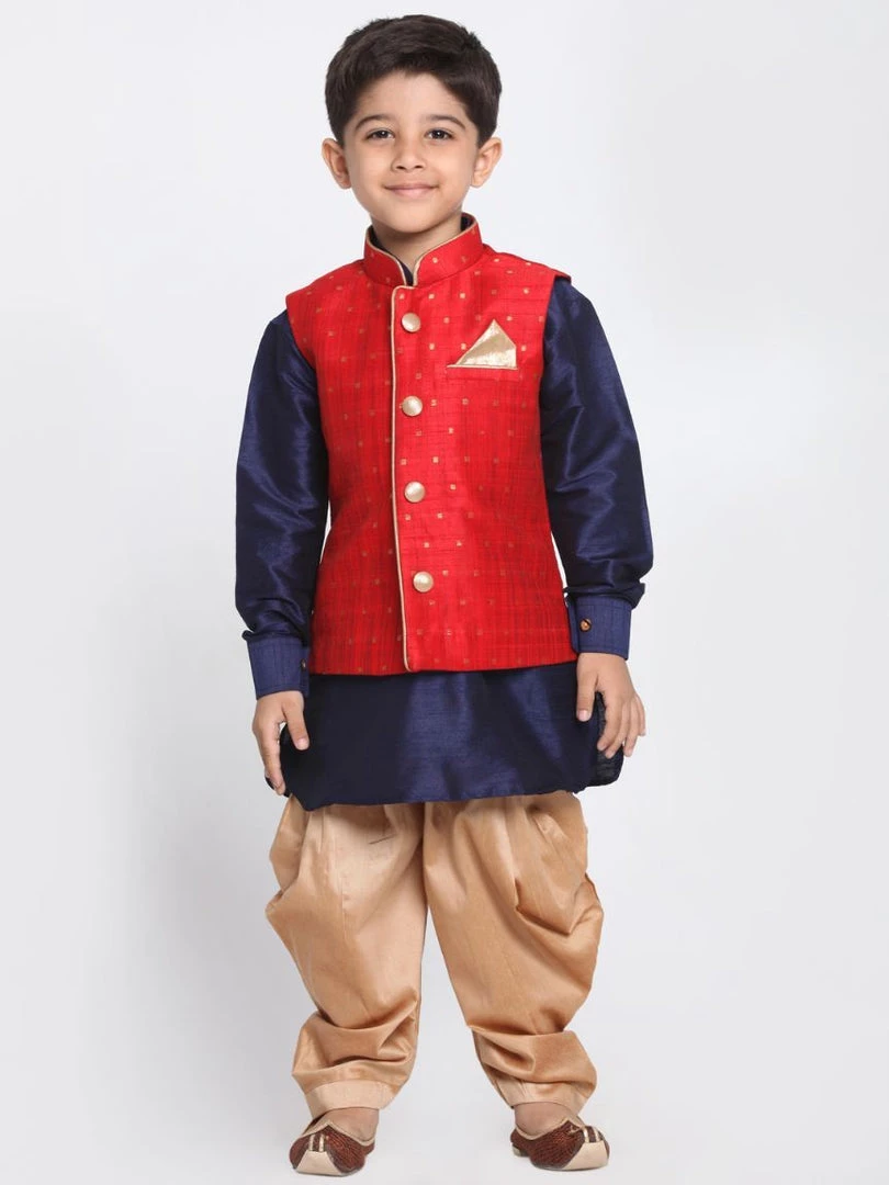 JBN Creation Boys' Maroon Silk Blend Ethnic Jacket, Navy Blue Kurta And Rose Gold Dhoti Pant Set 8 JBN Creation Boys' Maroon Silk Blend Ethnic Jacket, Navy Blue Kurta And Rose Gold Dhoti Pant Set