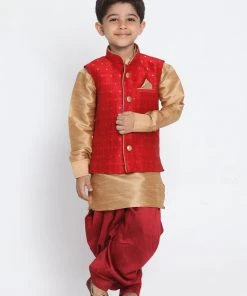 Kurta Pyjama Vastramay Maroon And Rose Gold Silk Blend Baap Beta Jacket Dhoti Kurta Set