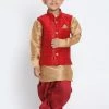 JBN Creation Boys' Maroon Cotton Silk Blend Ethnic Jacket, Golden Kurta And Dhoti Pant Set