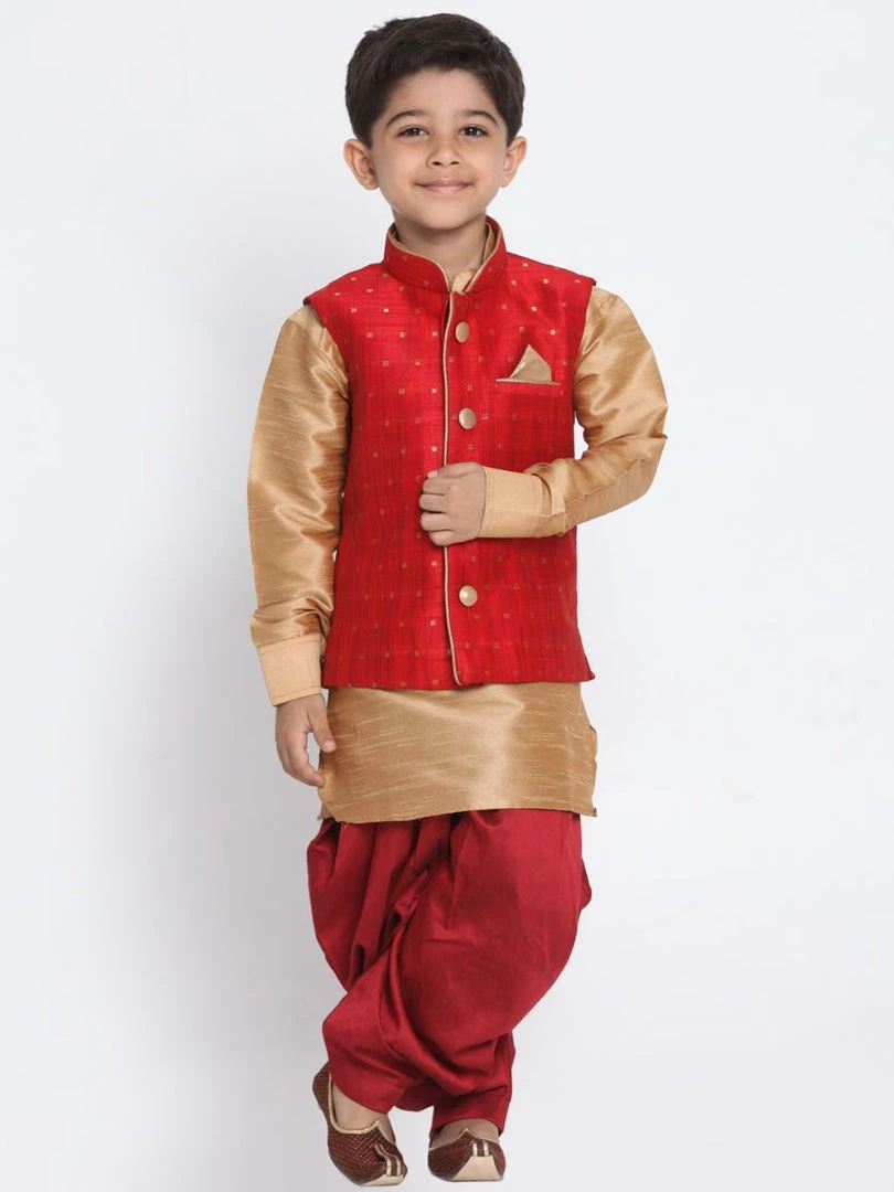 JBN Creation Boys' Maroon Cotton Silk Blend Ethnic Jacket, Golden Kurta And Dhoti Pant Set 3 JBN Creation Boys' Maroon Cotton Silk Blend Ethnic Jacket, Golden Kurta And Dhoti Pant Set