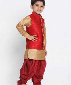 JBN Creation Boys' Maroon Cotton Silk Blend Ethnic Jacket, Golden Kurta And Dhoti Pant Set