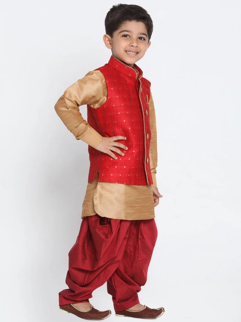 JBN Creation Boys' Maroon Cotton Silk Blend Ethnic Jacket, Golden Kurta And Dhoti Pant Set 4 JBN Creation Boys' Maroon Cotton Silk Blend Ethnic Jacket, Golden Kurta And Dhoti Pant Set