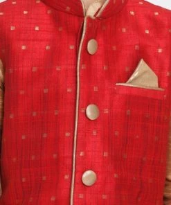 JBN Creation Boys' Maroon Cotton Silk Blend Ethnic Jacket, Golden Kurta And Dhoti Pant Set 11 JBN Creation Boys' Maroon Cotton Silk Blend Ethnic Jacket, Golden Kurta And Dhoti Pant Set