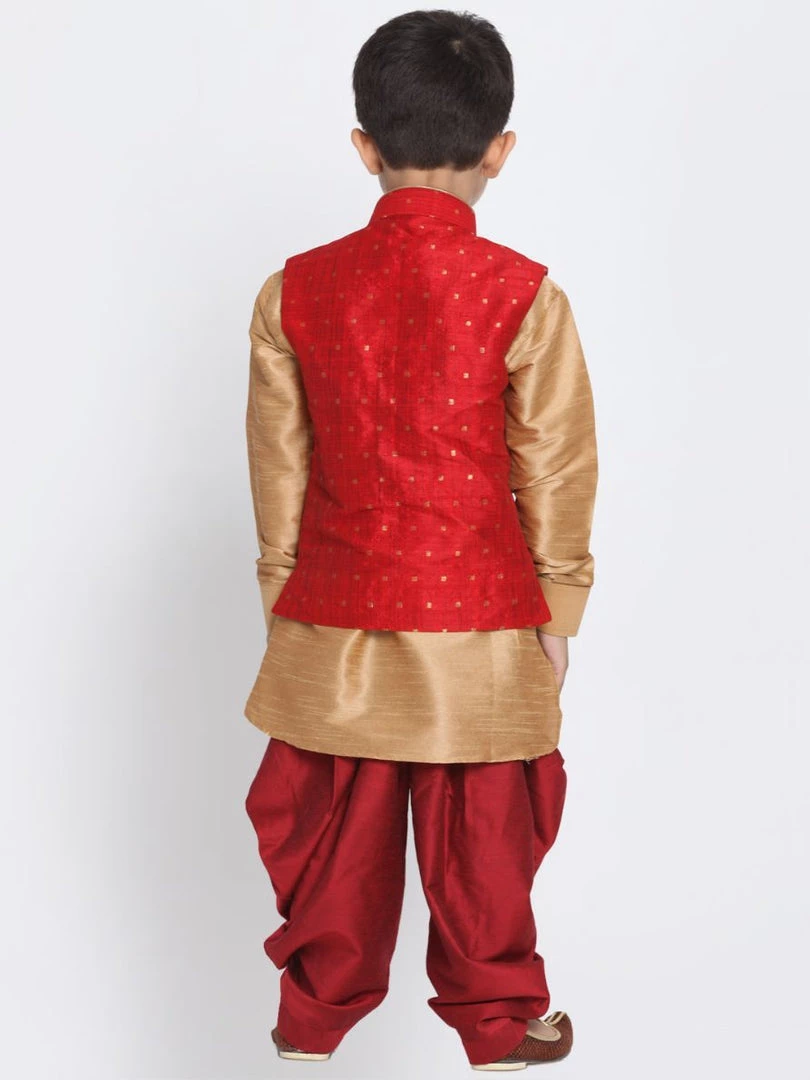 JBN Creation Boys' Maroon Cotton Silk Blend Ethnic Jacket, Golden Kurta And Dhoti Pant Set 6 JBN Creation Boys' Maroon Cotton Silk Blend Ethnic Jacket, Golden Kurta And Dhoti Pant Set