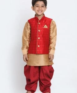 JBN Creation Boys' Maroon Cotton Silk Blend Ethnic Jacket, Golden Kurta And Dhoti Pant Set 14 JBN Creation Boys' Maroon Cotton Silk Blend Ethnic Jacket, Golden Kurta And Dhoti Pant Set