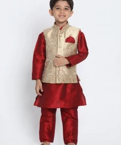 Vastramay Maroon And Rose Gold Silk Blend Baap Beta Jacket Kurta Pyjama Set