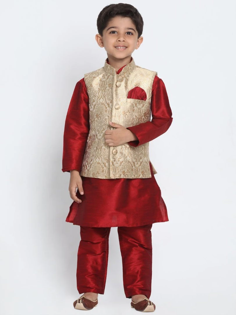 JBN Creation Boys' Gold Cotton Silk Blend Waistcoat, Maroon Kurta And Pyjama Set 3 JBN Creation Boys' Gold Cotton Silk Blend Waistcoat, Maroon Kurta And Pyjama Set