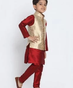 JBN Creation Boys' Gold Cotton Silk Blend Waistcoat, Maroon Kurta And Pyjama Set