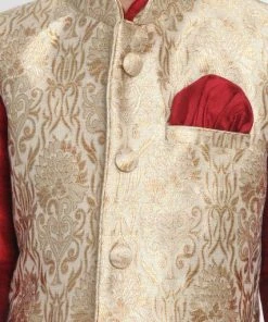 JBN Creation Boys' Gold Cotton Silk Blend Waistcoat, Maroon Kurta And Pyjama Set 11 JBN Creation Boys' Gold Cotton Silk Blend Waistcoat, Maroon Kurta And Pyjama Set