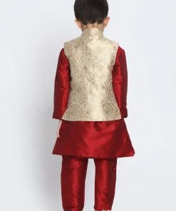 JBN Creation Boys' Gold Cotton Silk Blend Waistcoat, Maroon Kurta And Pyjama Set 12 JBN Creation Boys' Gold Cotton Silk Blend Waistcoat, Maroon Kurta And Pyjama Set