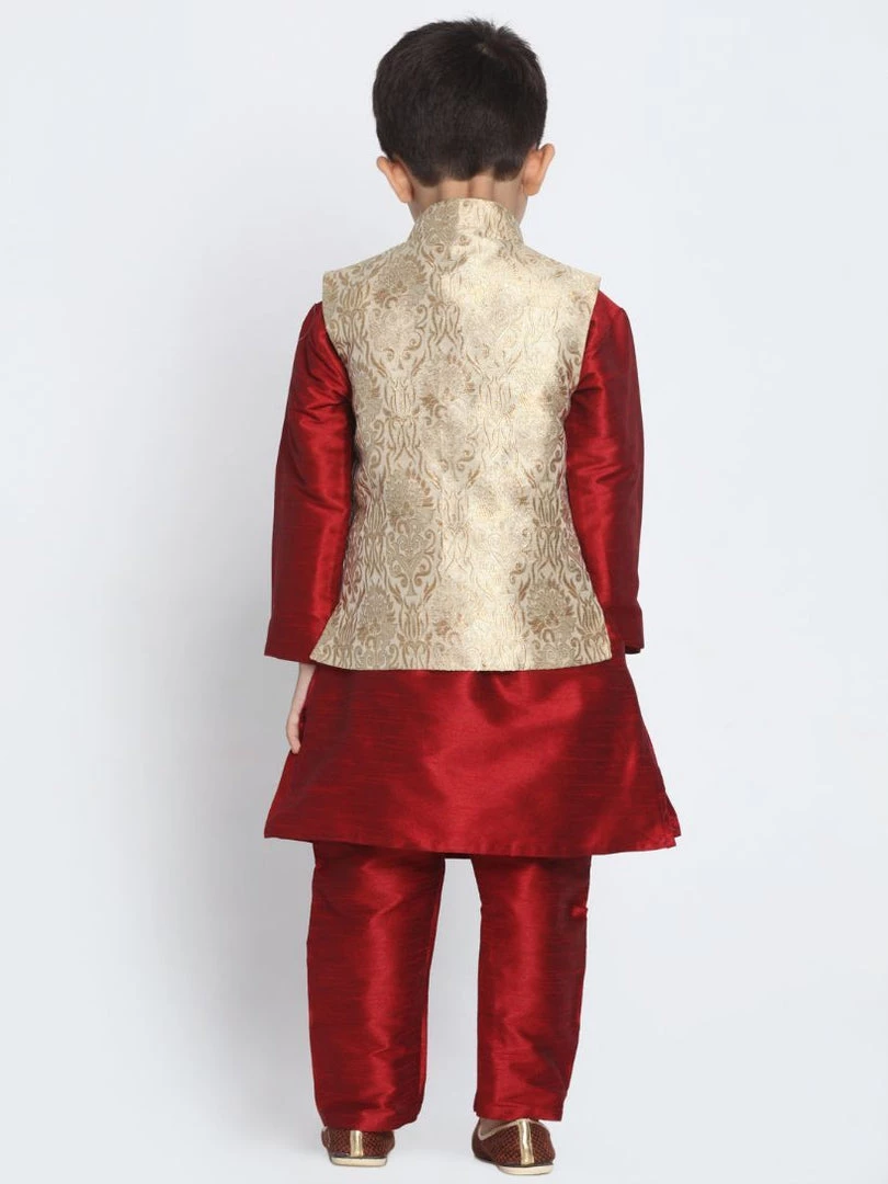 JBN Creation Boys' Gold Cotton Silk Blend Waistcoat, Maroon Kurta And Pyjama Set 6 JBN Creation Boys' Gold Cotton Silk Blend Waistcoat, Maroon Kurta And Pyjama Set
