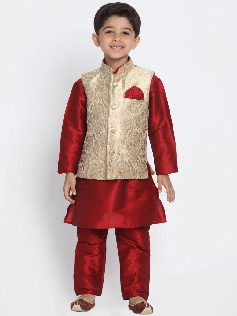 JBN Creation Boys' Gold Cotton Silk Blend Waistcoat, Maroon Kurta And Pyjama Set 8 JBN Creation Boys' Gold Cotton Silk Blend Waistcoat, Maroon Kurta And Pyjama Set