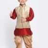 JBN Creation Boys' Gold Cotton Silk Blend Ethnic Jacket, Maroon Kurta And Dhoti Pant Set