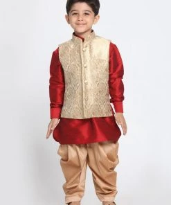 JBN Creation Boys' Gold Cotton Silk Blend Ethnic Jacket, Maroon Kurta And Dhoti Pant Set