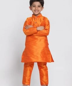 JBN Creation Boys' Orange Cotton Silk Blend Kurta And Pyjama Set
