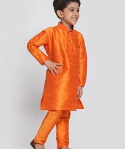 JBN Creation Boys' Orange Cotton Silk Blend Kurta And Pyjama Set