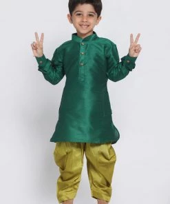 JBN Creation Boys' Green Silk Blend Kurta And Patiala Pant Set