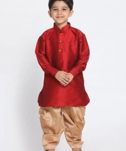 JBN Creation Boys' Maroon And Rose Gold Silk Blend Kurta And Patiala Pant Set
