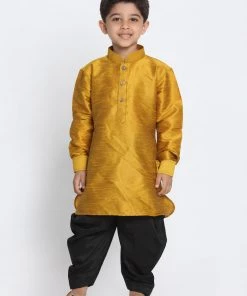 Vastramay Silk Blend Mustard And Black Baap Beta Dhoti Kurta Set