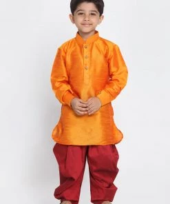 Vastramay Boys' Orange And Maroon Silk Blend Kurta And Patiala Pant Set