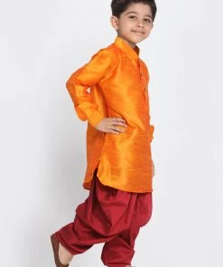Vastramay Silk Blend Orange And Maroon Baap Beta Dhoti Kurta Set