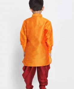 Vastramay Silk Blend Orange And Maroon Baap Beta Dhoti Kurta Set