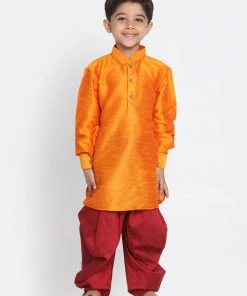 Vastramay Silk Blend Orange And Maroon Baap Beta Dhoti Kurta Set
