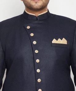 Vastramay Men's Plus Size Navy Blue Slim Fit Sherwani Set Plus Size Collection