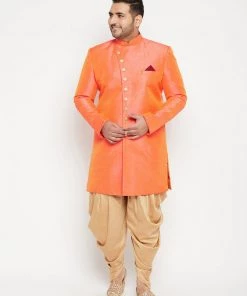 Vastramay Men's Plus Size Orange Slim Fit Sherwani Set Plus Size Collection