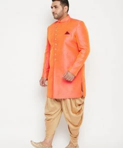 Vastramay Men's Plus Size Orange Slim Fit Sherwani Set Plus Size Collection