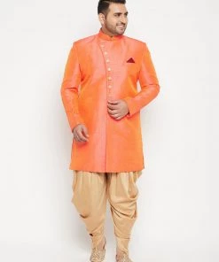 Vastramay Men's Plus Size Orange Slim Fit Sherwani Set Plus Size Collection