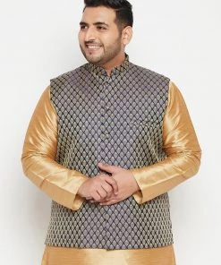 Vastramay Plus Size Collection Men's Plus Size Blue Woven Nehru Jacket