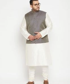 Vastramay Men's Plus Size Cream And Navy Blue Silk Blend Jacket Kurta Pyjama Set