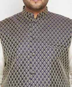 Vastramay Men's Plus Size Cream And Navy Blue Silk Blend Jacket Kurta Pyjama Set