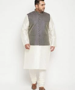 Vastramay Men's Plus Size Cream And Navy Blue Silk Blend Jacket Kurta Pyjama Set
