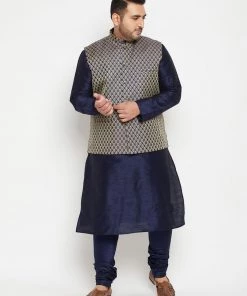 Vastramay Plus Size Collection Men's Plus Size Navy Blue Woven Silk Blend Jacket Kurta Pyjama Set