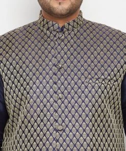 Vastramay Plus Size Collection Men's Plus Size Navy Blue Woven Silk Blend Jacket Kurta Pyjama Set