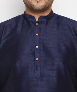 Vastramay Plus Size Collection Men's Plus Size Navy Blue Woven Silk Blend Jacket Kurta Pyjama Set