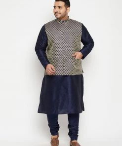 Vastramay Plus Size Collection Men's Plus Size Navy Blue Woven Silk Blend Jacket Kurta Pyjama Set