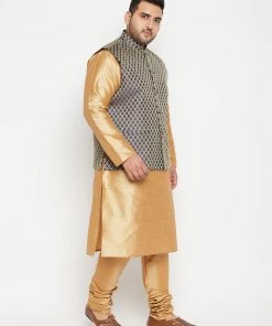 Vastramay Men's Plus Size Rose Gold And Blue Woven Silk Blend Jacket Kurta Pyjama Set Plus Size Collection