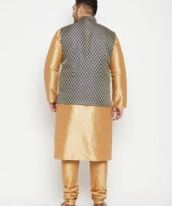 Vastramay Men's Plus Size Rose Gold And Blue Woven Silk Blend Jacket Kurta Pyjama Set Plus Size Collection