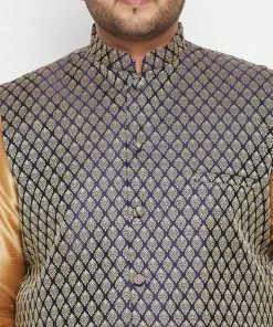 Vastramay Men's Plus Size Rose Gold And Blue Woven Silk Blend Jacket Kurta Pyjama Set Plus Size Collection