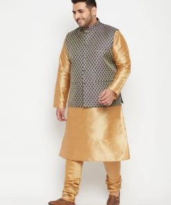 Vastramay Men's Plus Size Rose Gold And Blue Woven Silk Blend Jacket Kurta Pyjama Set Plus Size Collection