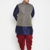 Vastramay Men's Plus Size Navy Blue And Maroon Silk Blend Jacket Kurta Dhoti Pant Set Plus Size Collection