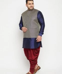 Vastramay Men's Plus Size Navy Blue And Maroon Silk Blend Jacket Kurta Dhoti Pant Set Plus Size Collection